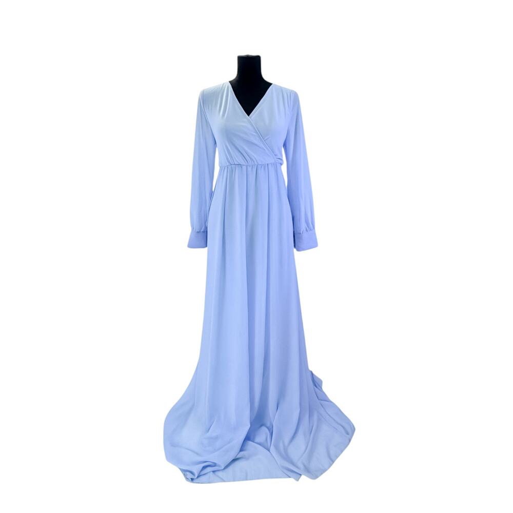 Ricarica Blue Maxi Empire Waist Long Sleeve V-Neck Formal Dress Large
